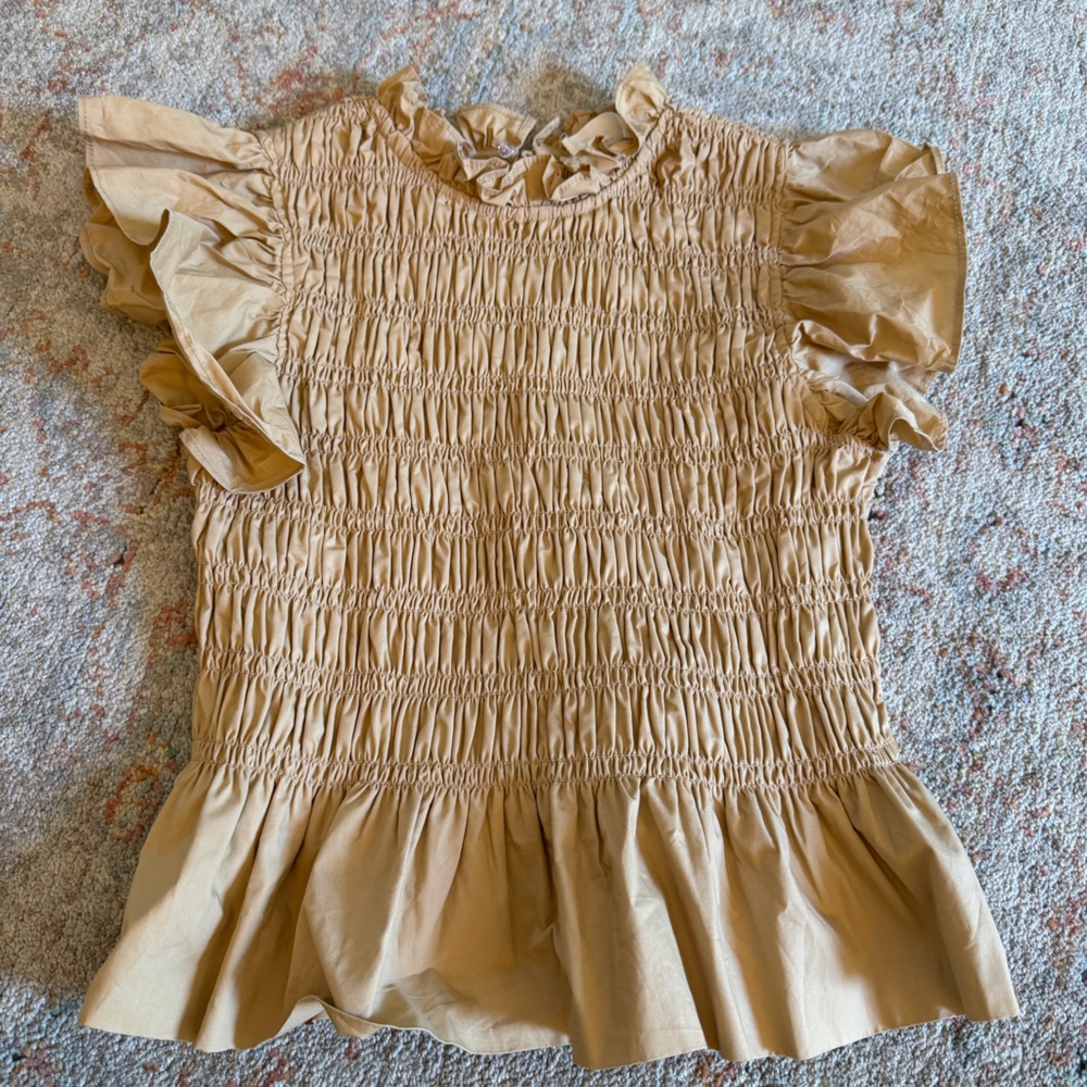 Hyacinth House Smocked Ruffle Top Camel Cotton Size XS
